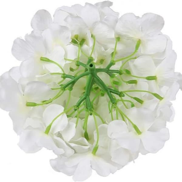 Sæt med 10 hvide silkebroderede, kunstige kugleblomsterhoveder
