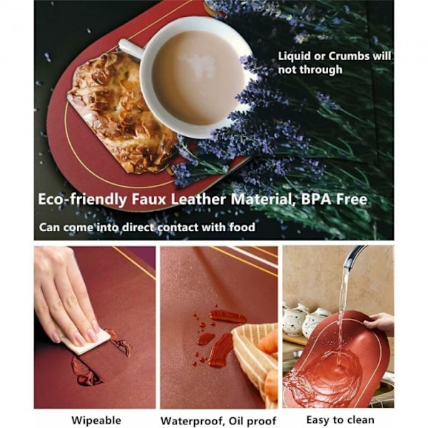 Set med 6 burgunder ovale skinn placemats vaskbare coasters bord