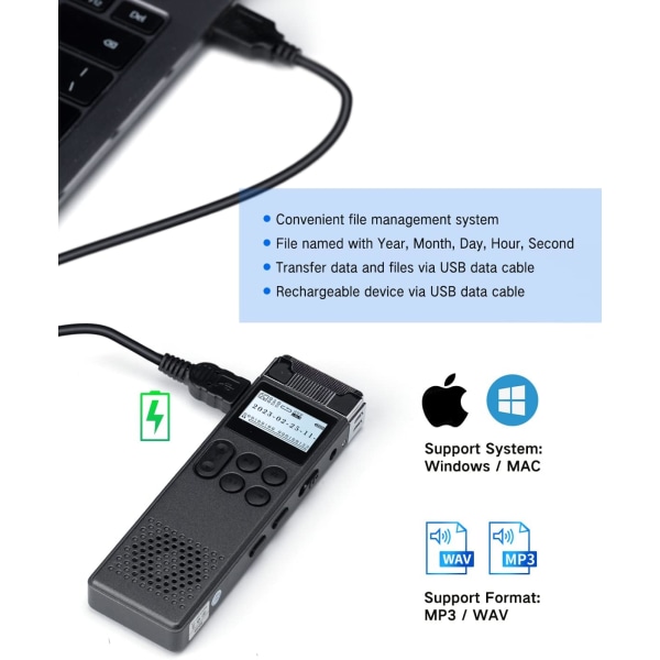 Digital optager med afspilning, 16 GB genopladelig USB MP3-optager