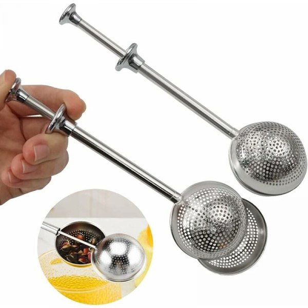 Sett med 2 teballer i rustfritt stål med trykknapp, uttrekkbar teinfuser