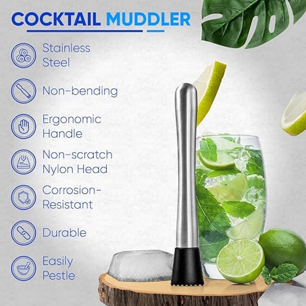 Rustfrit cocktail muddler i rustfrit stål - Limepresser - Beard Muddle - Cocktail muddler - Håndshaker - Limepresser - Lille isknuser - Urteknuser
