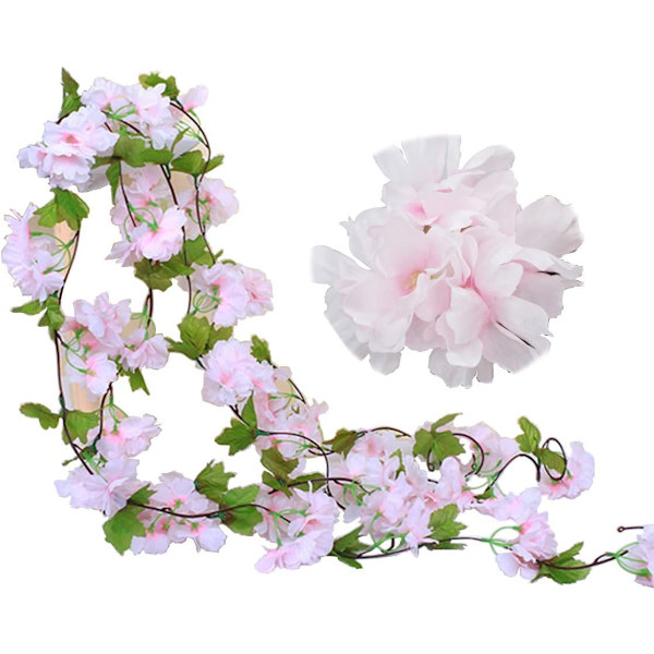 2 stk. Kunstige kirsebærranker Kunstige blomster Planteeføy Henge Silkegirlander med grønne blader for innendørs utendørs hjem Hotell Hagefest Bryllupskunstdekor (Rosa)