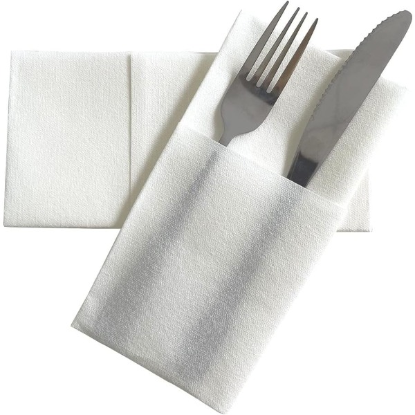 Valkoinen - Kertakäyttöinen lautasliina 50 kpl, pellava tuntuinen, ruokailuvälinepussilla