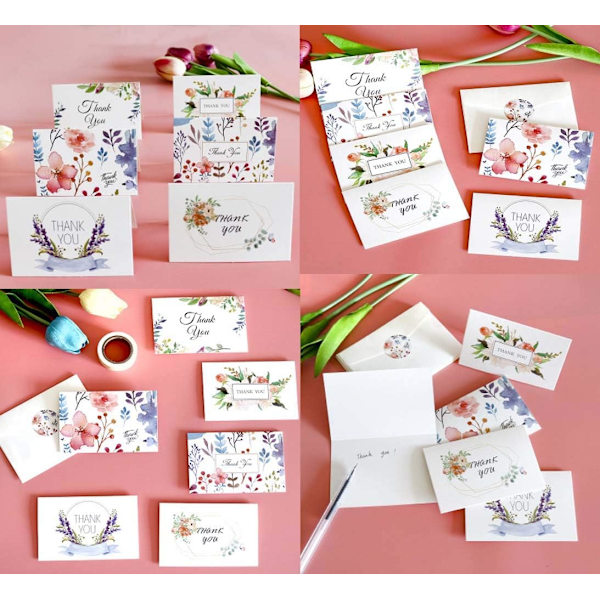 Sett med 12 blomstertakkort med 6 forskjellige design. Med E
