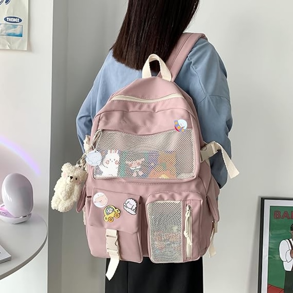 Kawaii-reppu, vaaleanpunainen reppu, kawaii-asusteet, rintaneulat ja