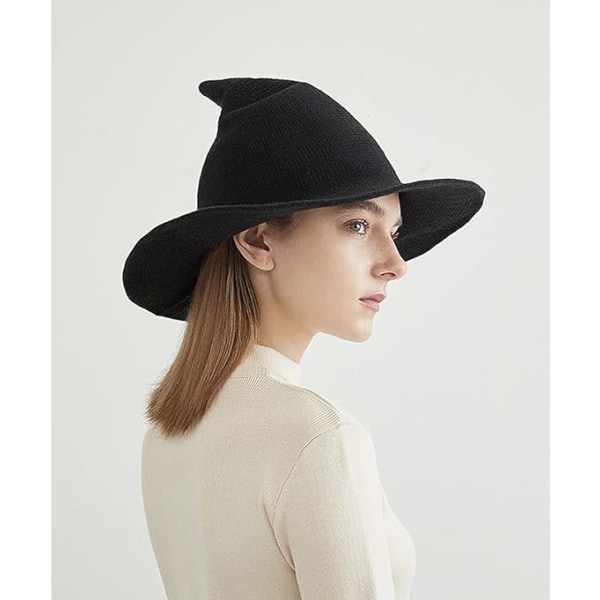 Women's Foldable Brim Knitted Witch Hat for Halloween Costume Dai