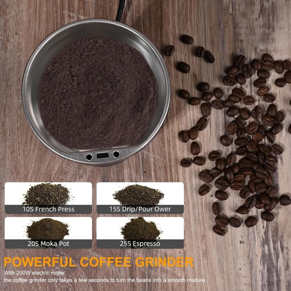 Elektrisk kaffekvarn med blad i rostfritt stål, överhettningsskydd