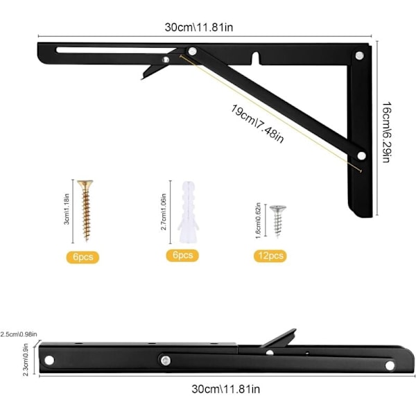300 mm, 2-pack svarta fällbara hyllkonsoler, kraftiga fällbara