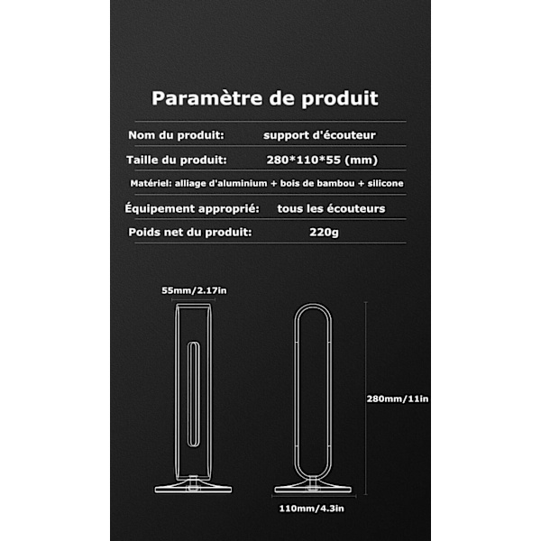1 stk. Hodetelefonholder i bambustre og aluminium (grå)