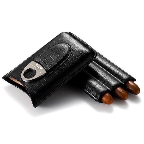Läder cigarrfodral rese cigarr humidor för 3 cigarrer med cigarrklippare