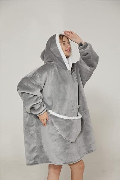 Blød hættetrøje tæppe -Lysegrå 90x75cm Pullover Varm hættetrøje Oversized Stor Lomme TV Tæppe Flannel