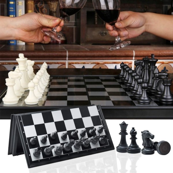 Deluxe hopfällbart set, magnetiskt schackbräde med schack, svart