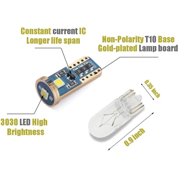 10-pack extremt ljusa T10 168 194 kil LED-lampor för bilinteriör