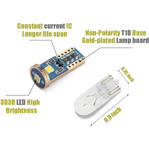 10-pak med ekstremt lyse T10 168 194 kileformede LED-pærer for bilinteriør