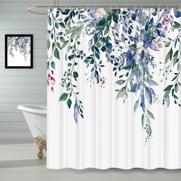 180x180cm Grøn Lilla Eucalyptus Tynget bruseforhæng, Bad