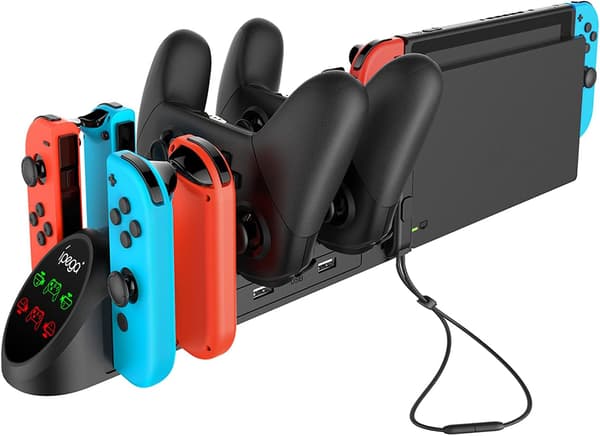 6 i 1 LED-opladerdock kompatibel med Joy-Cons og controller til Switch & OLED-model, controller-opladestation med USB 2.0-stik og USB 2.0-porte