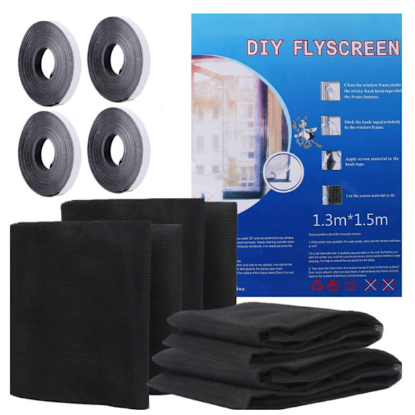 Myggnät för fönster 4 st, myggnät med 4 självhäftande avvisande remsor 1,3m x 1,5m, för att skydda din familj från insekter.