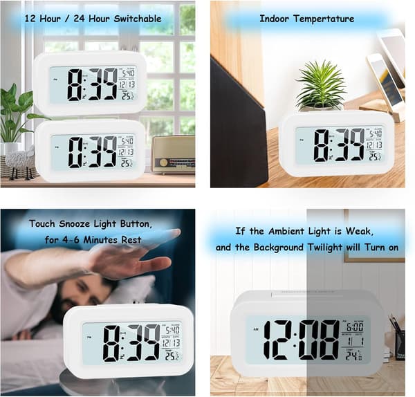 (Hvit) LCD Digital Alarm Clock, Smart Digital Alarm Clock med T
