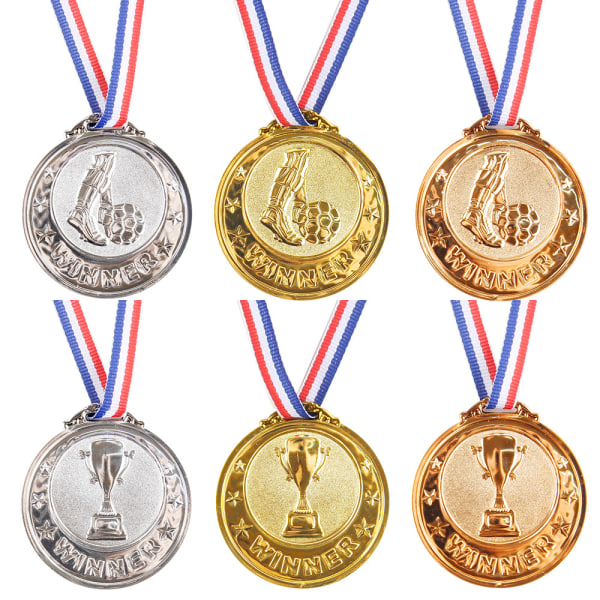 Medaljesæt, 6 cm hver, 6 podiemedaljer med halskæde, guld, sølv