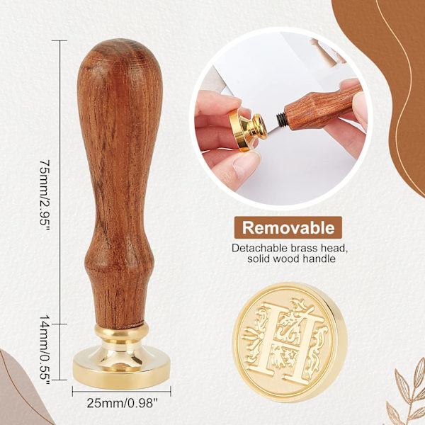 Forseglingsstempel i messing med trehåndtak og bokstav-H