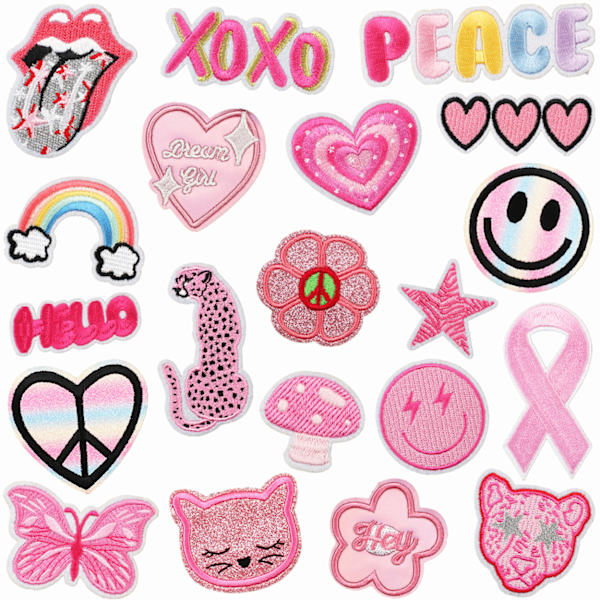 Sæt med 20, Pink serie, smukke broderede patches til at stryge på og