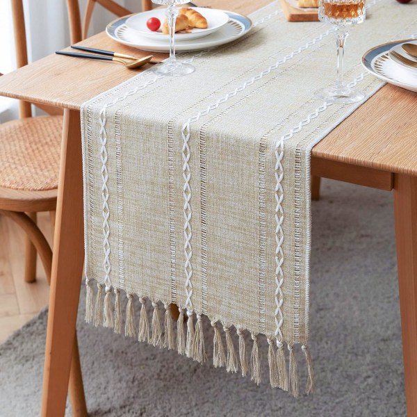 Rustic Linen Table Runner, (Brown, 33*160cm) Handmade Tassels, Fa