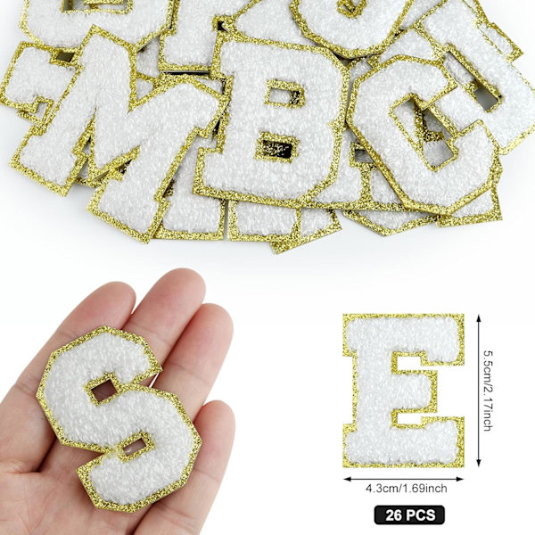 Sæt med 26 patches (hvide) chenille-klistermærker med bogstaver