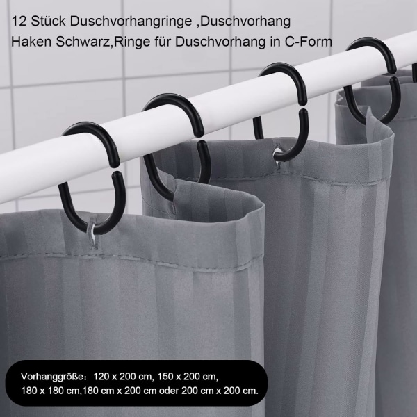 12 stk sorte dusjgardinringer i plast, C-formede gardinkroker f