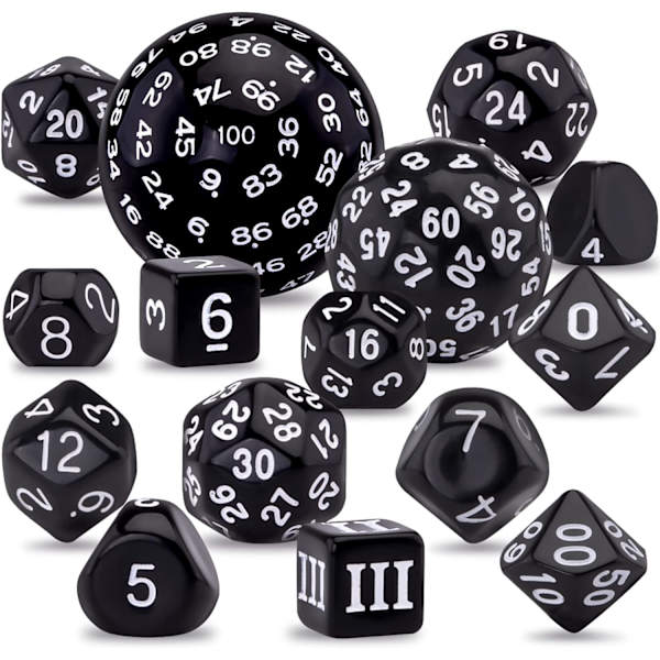 15-osainen polyhedraalinen noppasetti, mustavalkoinen, polyhedraalinen noppasetti DND RPG:lle