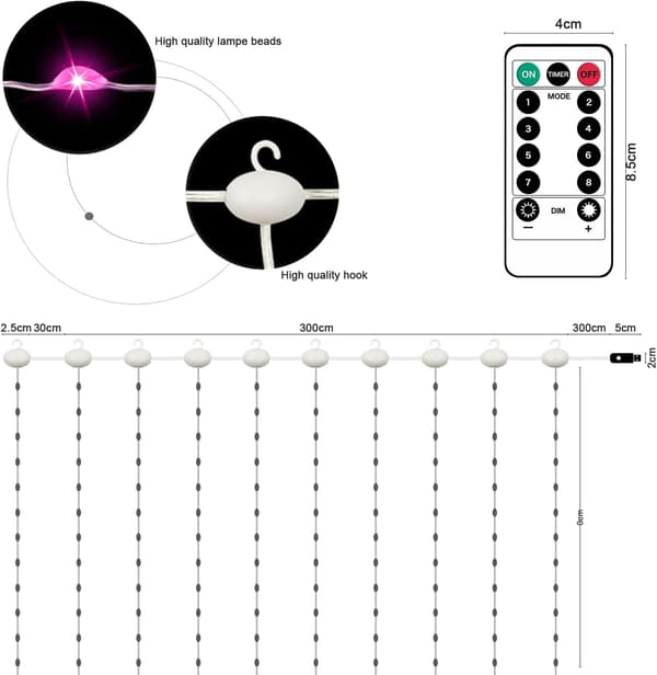 Gardinstykke, USB-lysgardin 300 LED 3m*3m 8 lystilstande