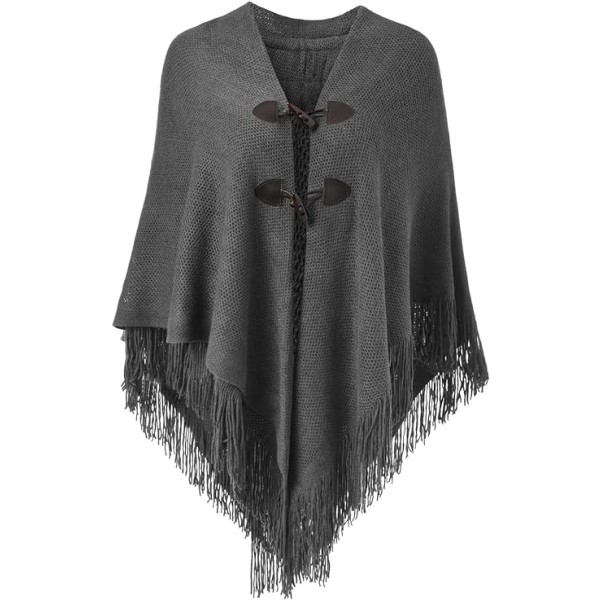 Elegant varm sjal Poncho för kvinnor (mörkgrå) Öppen framsida med fre