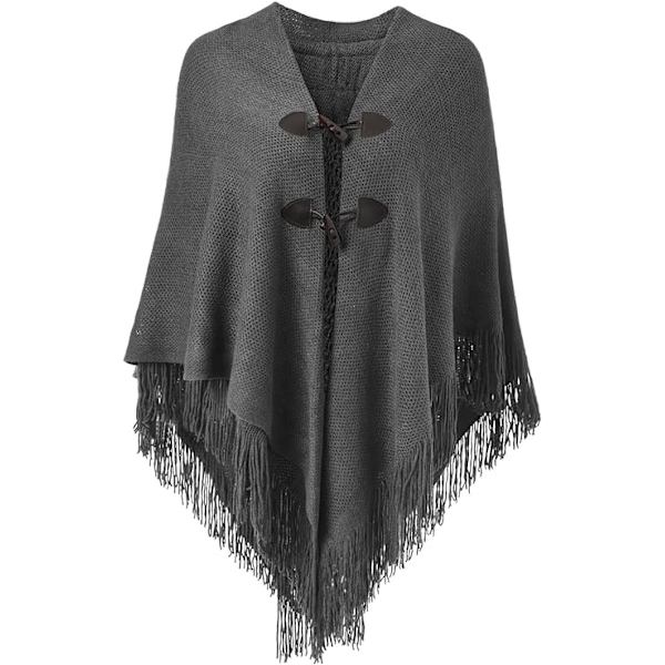 Elegantti lämmin naisten huiviponcho (tummanharmaa) Avoin etuosa hapsureunuksella