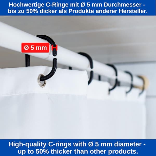 Sorte dusjforhengsringer, 12-pakning, diameter 4,6 x 2,3 cm, for