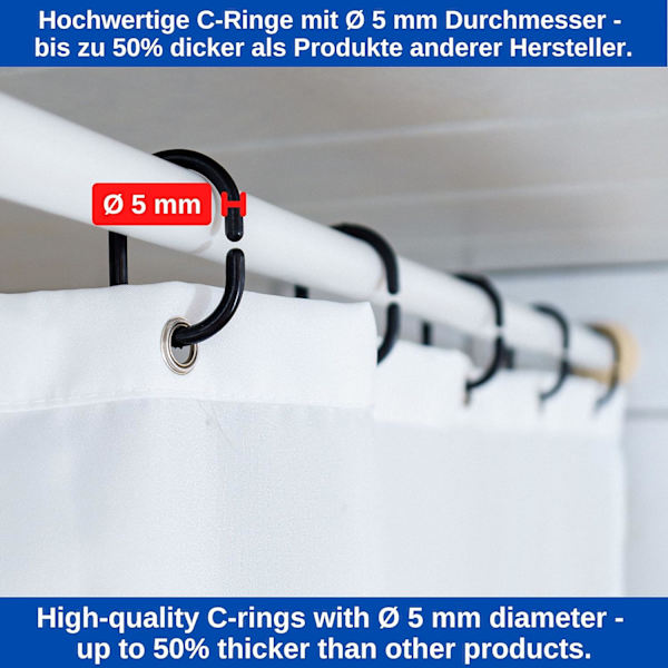 Svarte dusjforhengsringer, 24-pakning, diameter 4,6 x 2,3 cm, for