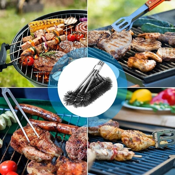 Grillbørste, 3 i 1 grillbørste, langt håndtak, rustfritt stål