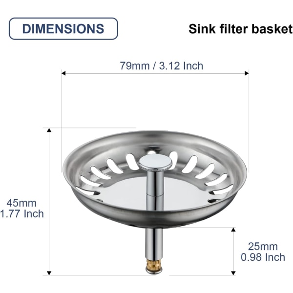 Køkkenvaskfilter Ø 79 mm, Køkkenvaskprop i rustfrit stål