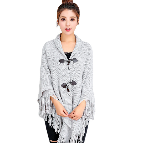 Elegant varm dam poncho sjal (grå) öppen fram med fransar