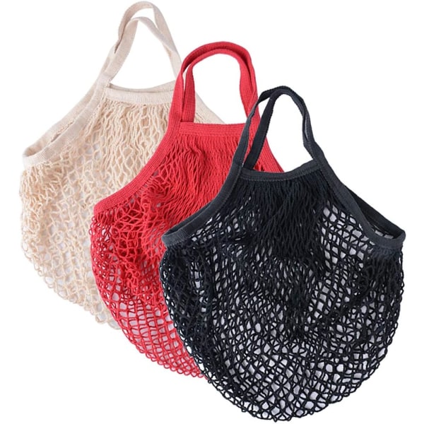 3 stk (svart + beige + rød) bomull handleposer mesh handlepose