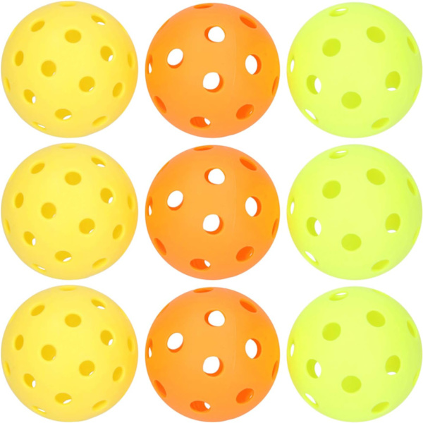 9-delad pickleball-set, (gul/orange/grön) inomhus/utomhus polyeten picklebollar med 72 mm 26 precisionsstansade hål för hållbarhet och konsekvent studs.