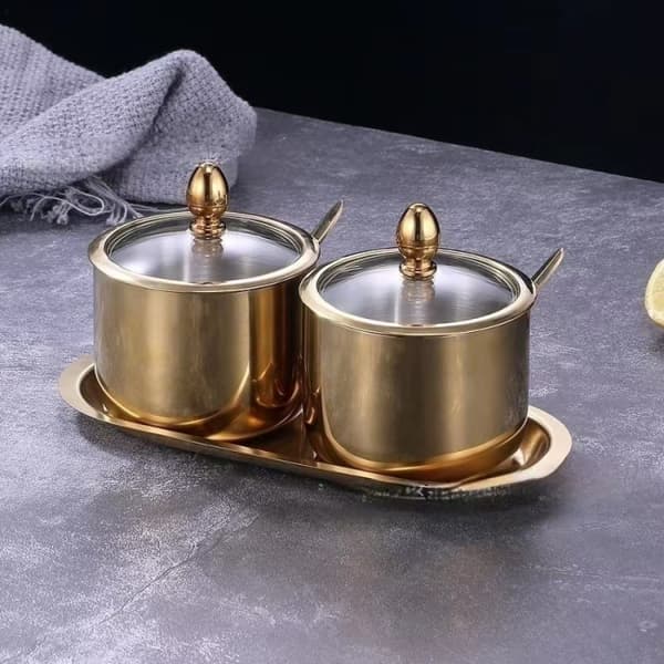 (guld) Sukkerskål i rustfrit stål med glaslåg, ske og bakke