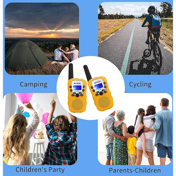 1 par RT388 Walkie Talkie for Kids, Remote Walkie Talkie, Leke Gaver til 4-12 år gamle, Camping, Utendørs Spion Eventyr Gul