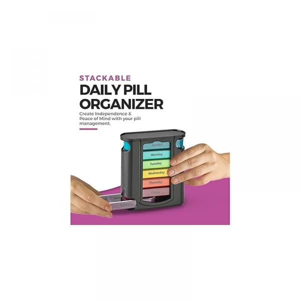 sort, ugentlig pilleorganisator, 1 dispenser, 7 stablebare rum