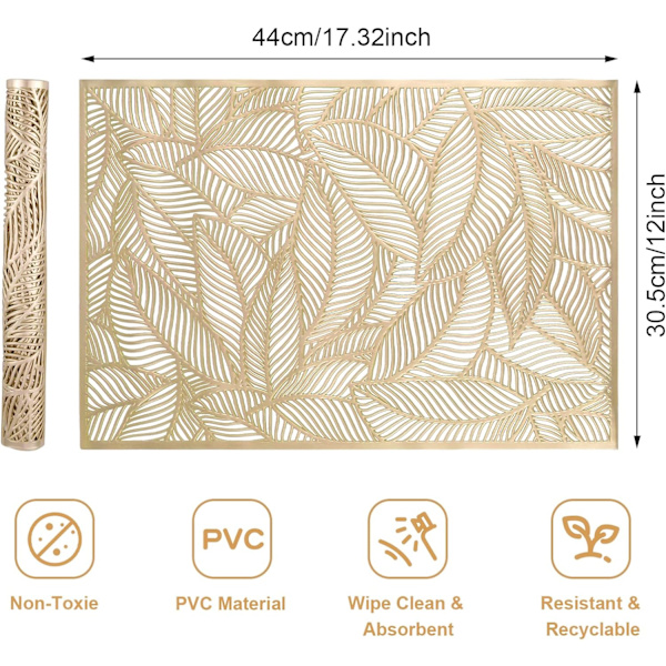 4 kpl PVC-paikkaa, liukumattomat paikat, lämmöneristetyt paikat, sopii jouluun, syntymäpäivään, illalliseen, ravintolaan (kultainen, pestävä) (B)