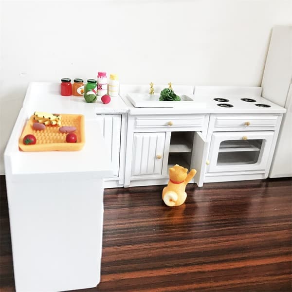 Vit skåpsmodell, 1:12 mini dockhus, lekstation, diskbänk