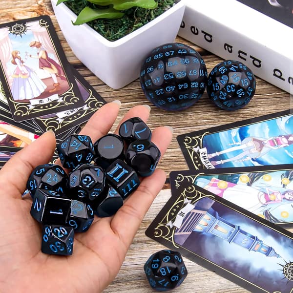 15 stk. polyhedral terningesæt, sort og blå, polyhedral terningesæt til DND RPG