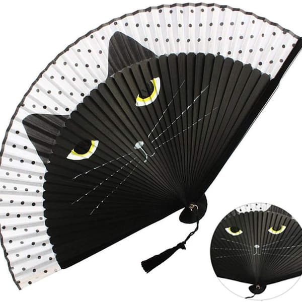 1 st Sommar Katt Silke Bambu Handmålad Seriefigur Katt Fällbar Fjäderfläkt P