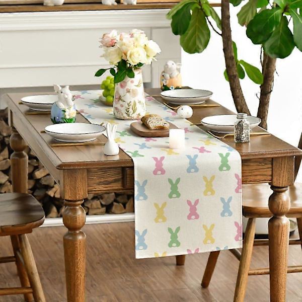 Green Pink Rabbit Easter Table Runner 13x90 Inch for Spring Kitchen Dining Table Decor, Cotton Fabric, Festive Design