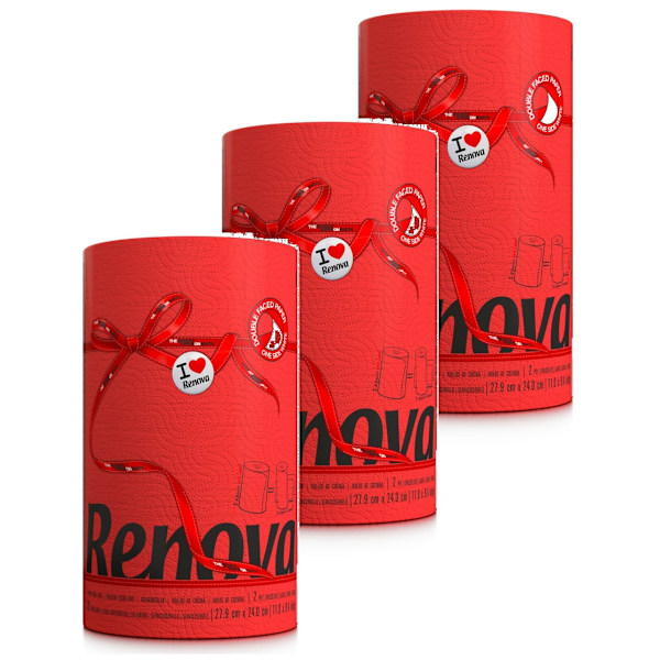 Punainen Renova-Paperipyyhe 27,4 M 2-Kerrosta 120 Arkki 3 Rullaa punainen