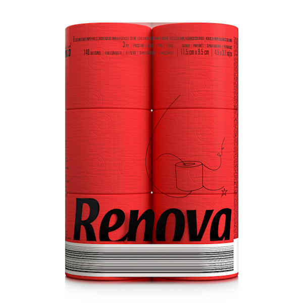 Rødt Toalettpapir Renova Premium 16,1m 3-lags 140 ark 6 ruller rød