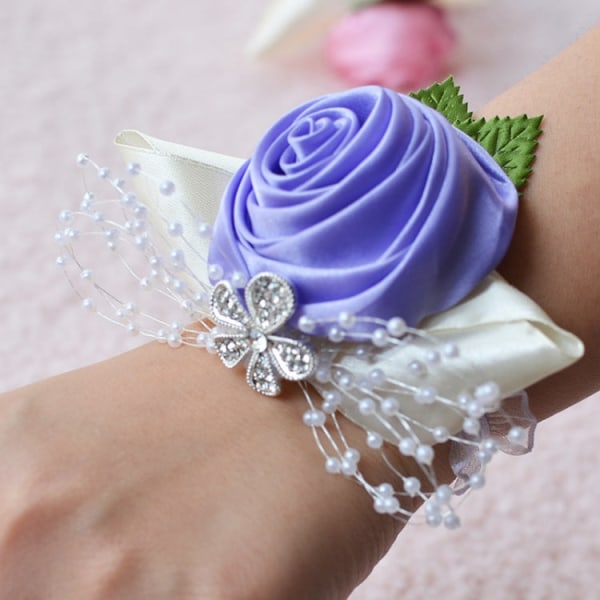 Handgjord Bröllopsbrud Handled Blomma Boutonniere Bukett Corsage Diamond Satin Rose Blommor (lila)